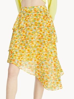 Yellow Floral Asymmetrical Tiered Skirt